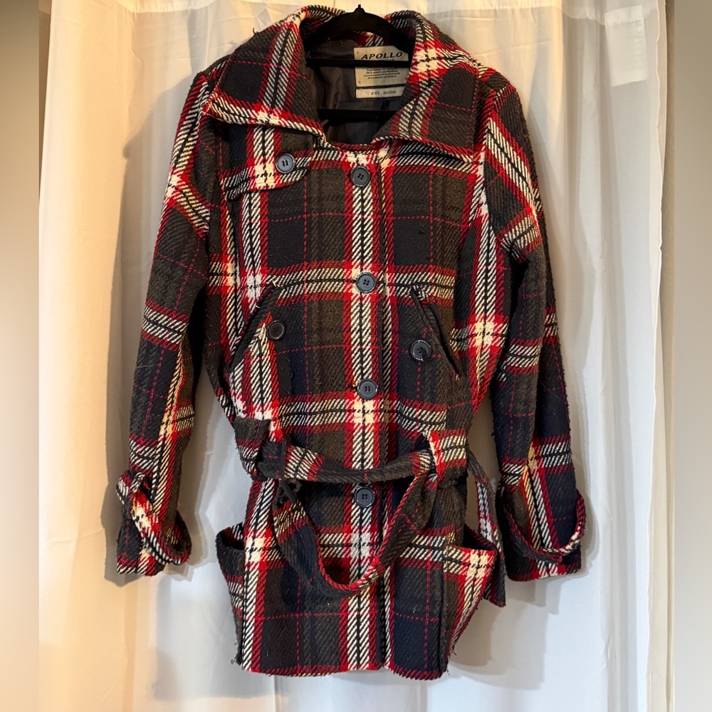 Plaid Pea Coat Belted Wool Blend Red Black Early 2000 Small